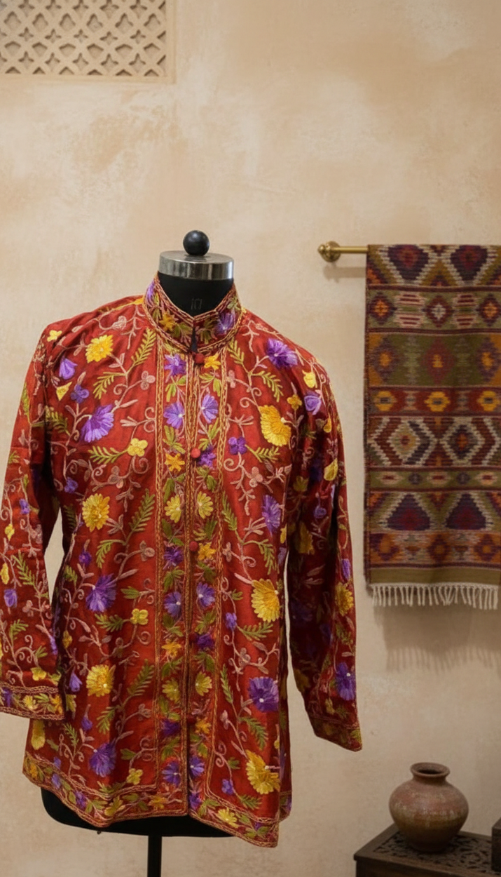 Red Raw Silk Aari Embroidery Jacket