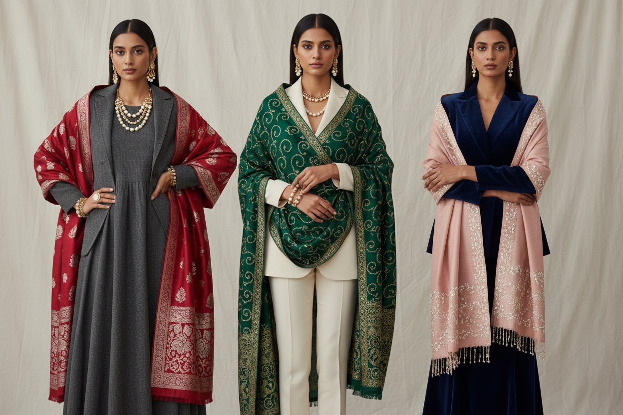 Generate a studio image with South Asian female models wearing women’s suits, shawls, Pashmina, winter dresses, and styled jewellery. Emphasis on fabric texture, embroidery, and graceful silhouettes. Neutral, softly textured background. Clean, editorial lighting. Mood: feminine, premium, timeless.