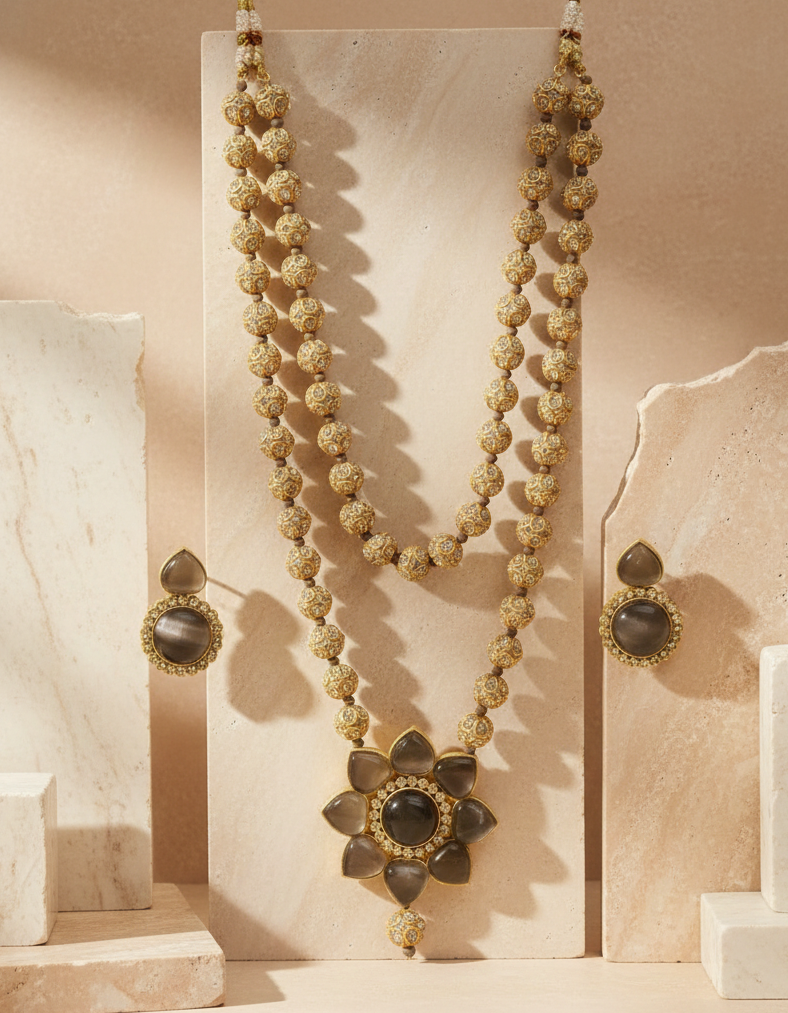 Kimaya Gemstone Beaded Layered Necklace With Matchinf Drop down Earrings