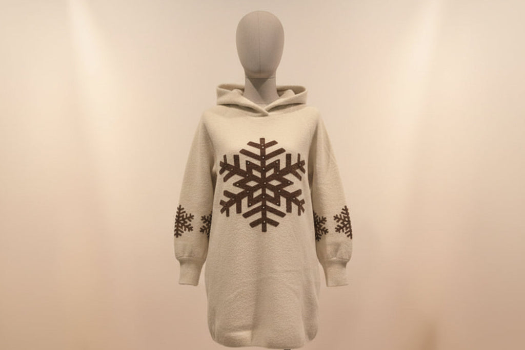 Beige Snowflake Cashmere Sweatshirt With Encrusted Gems