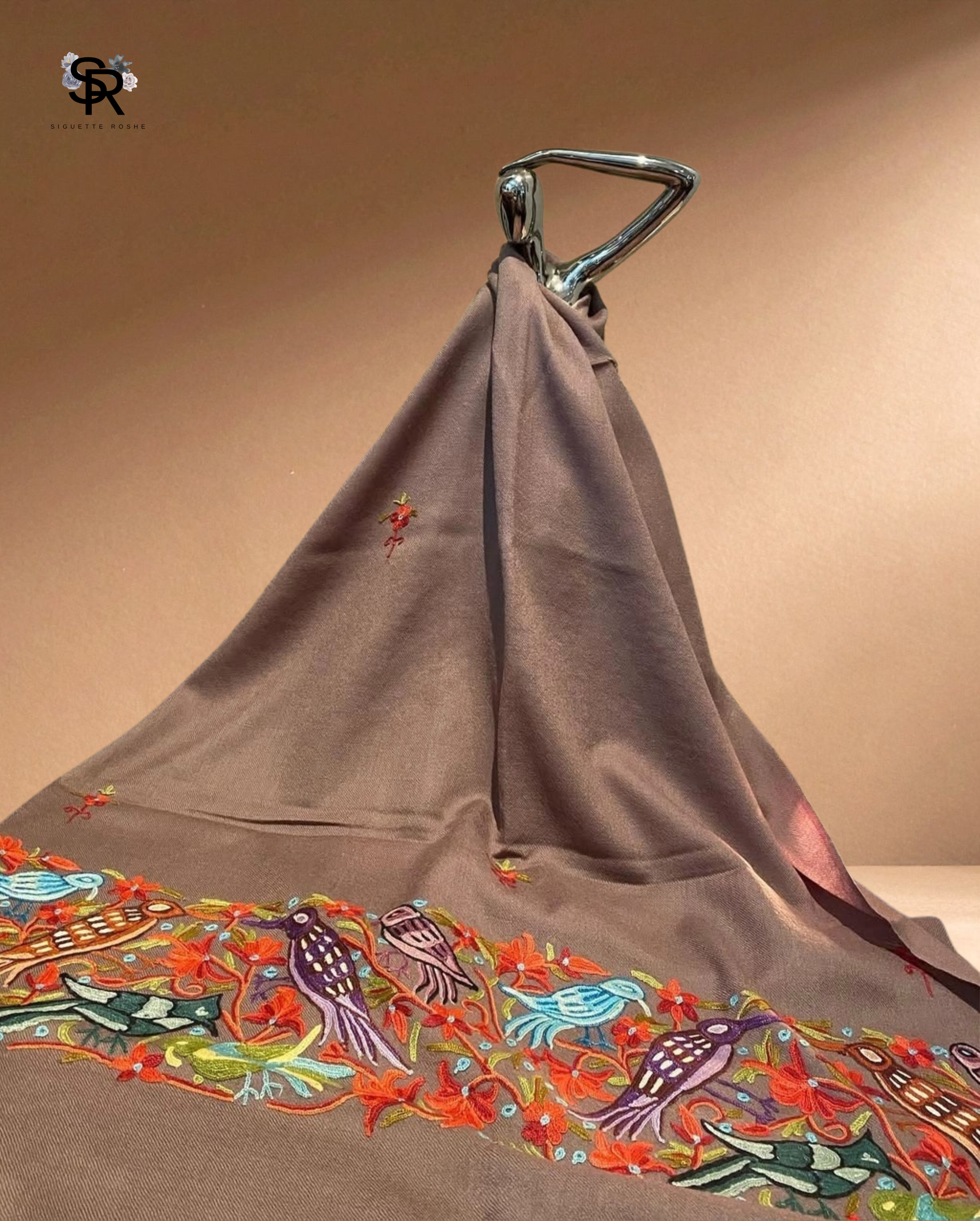 Beige Birds Cashmere Wool Shawl With Aari Embroidery