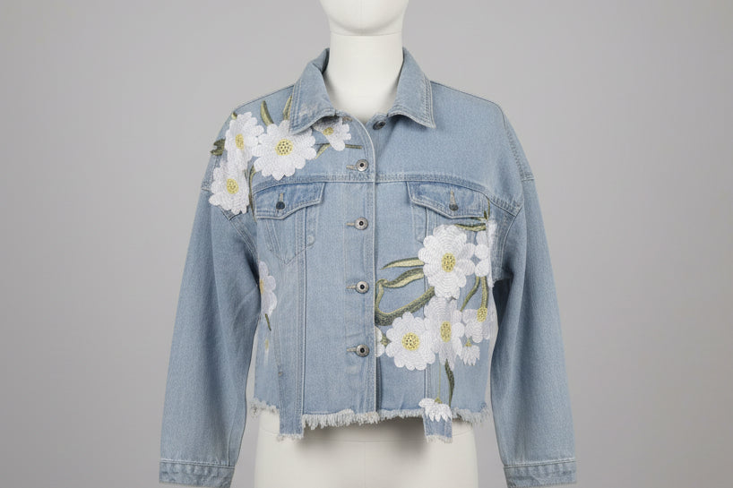 Acid Washed Denim Daisy Patchwork Jacket