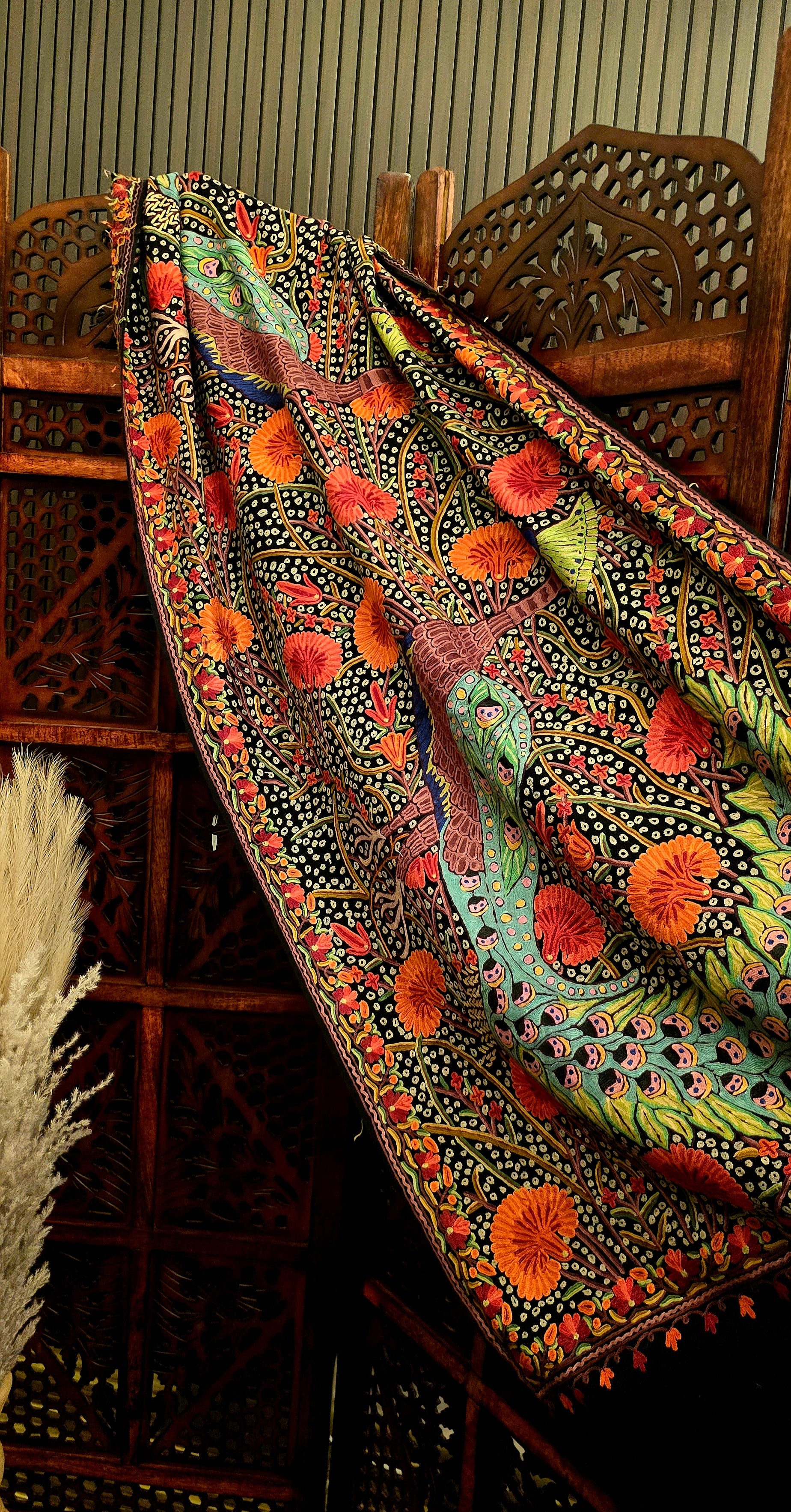 Peacock Cashmere Wool Shawl With Aari Embroidery