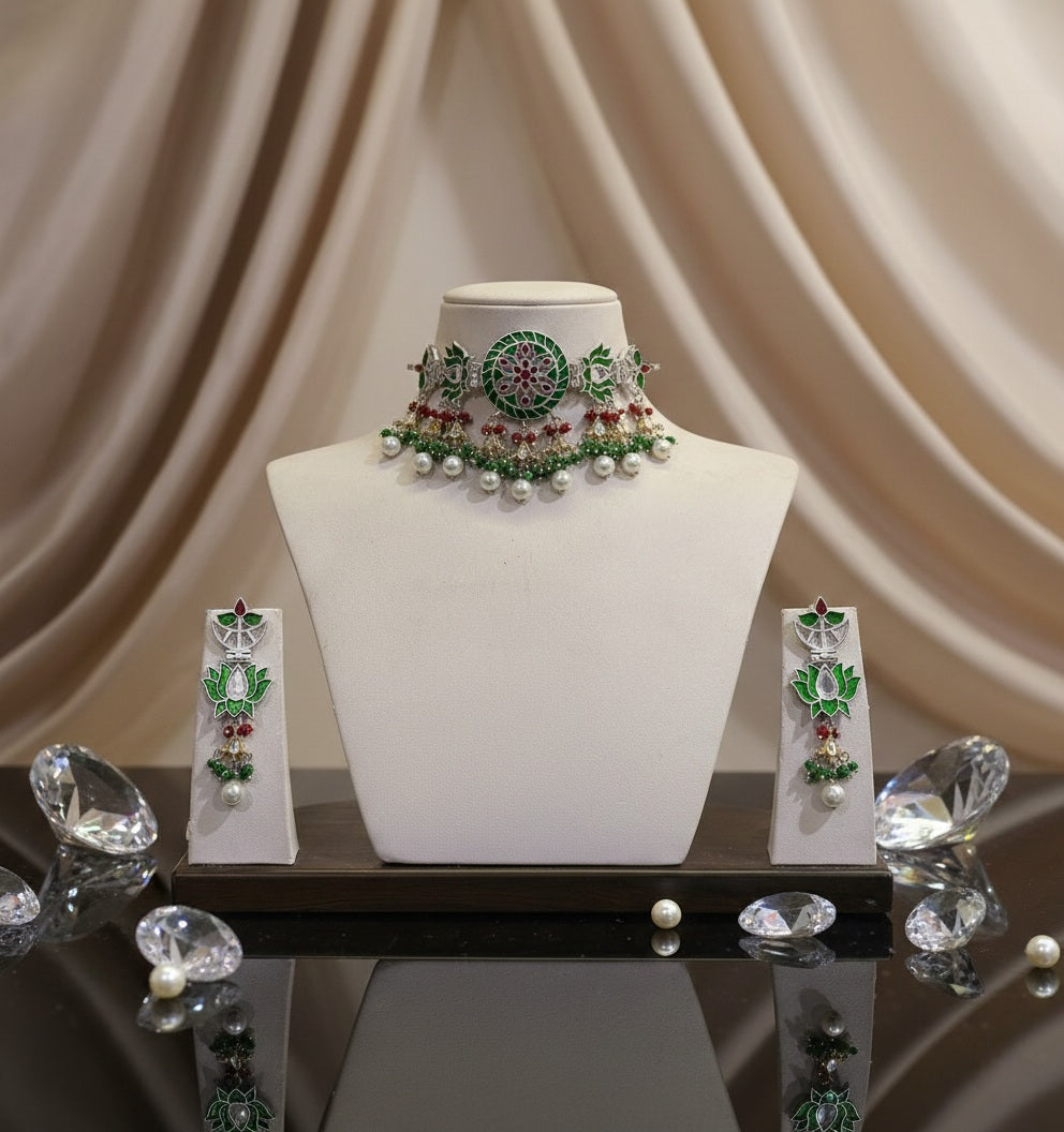 Nargis Oxidised Necklace With Enamel Work and Matching Earrings
