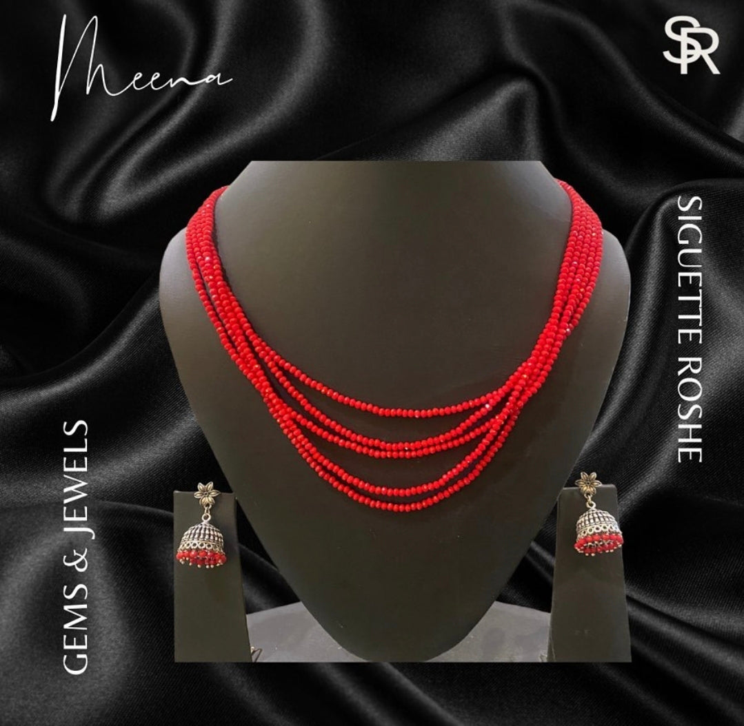 Meena Red Beads Necklace With Matching Jhumkas