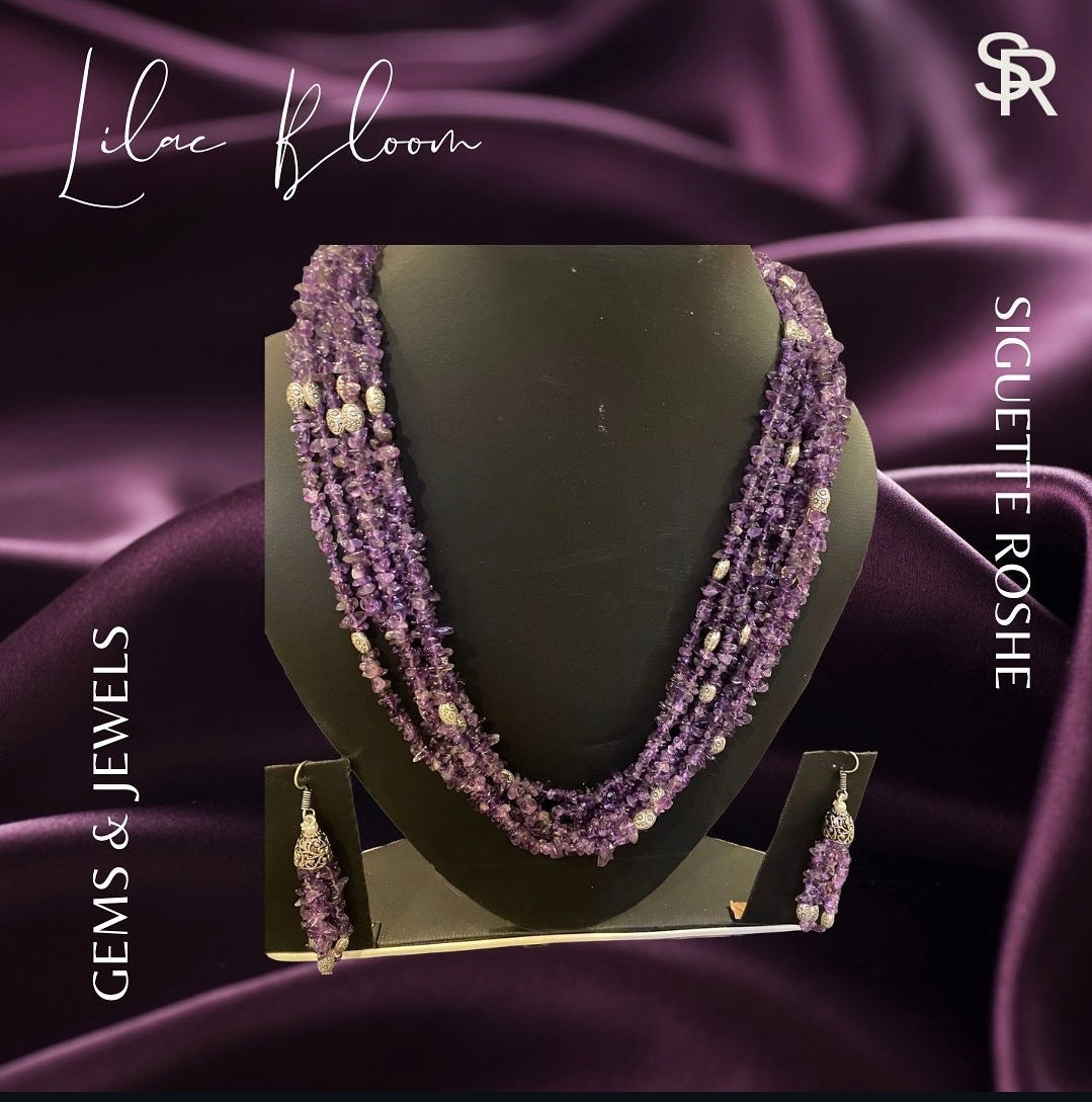Lilac Bloom Beads Mala With Matching Earrings