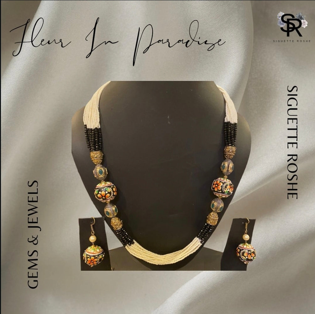 Fleur In Paradise Statement Neclace With Pearls and Enamel Work and Matching Earrings