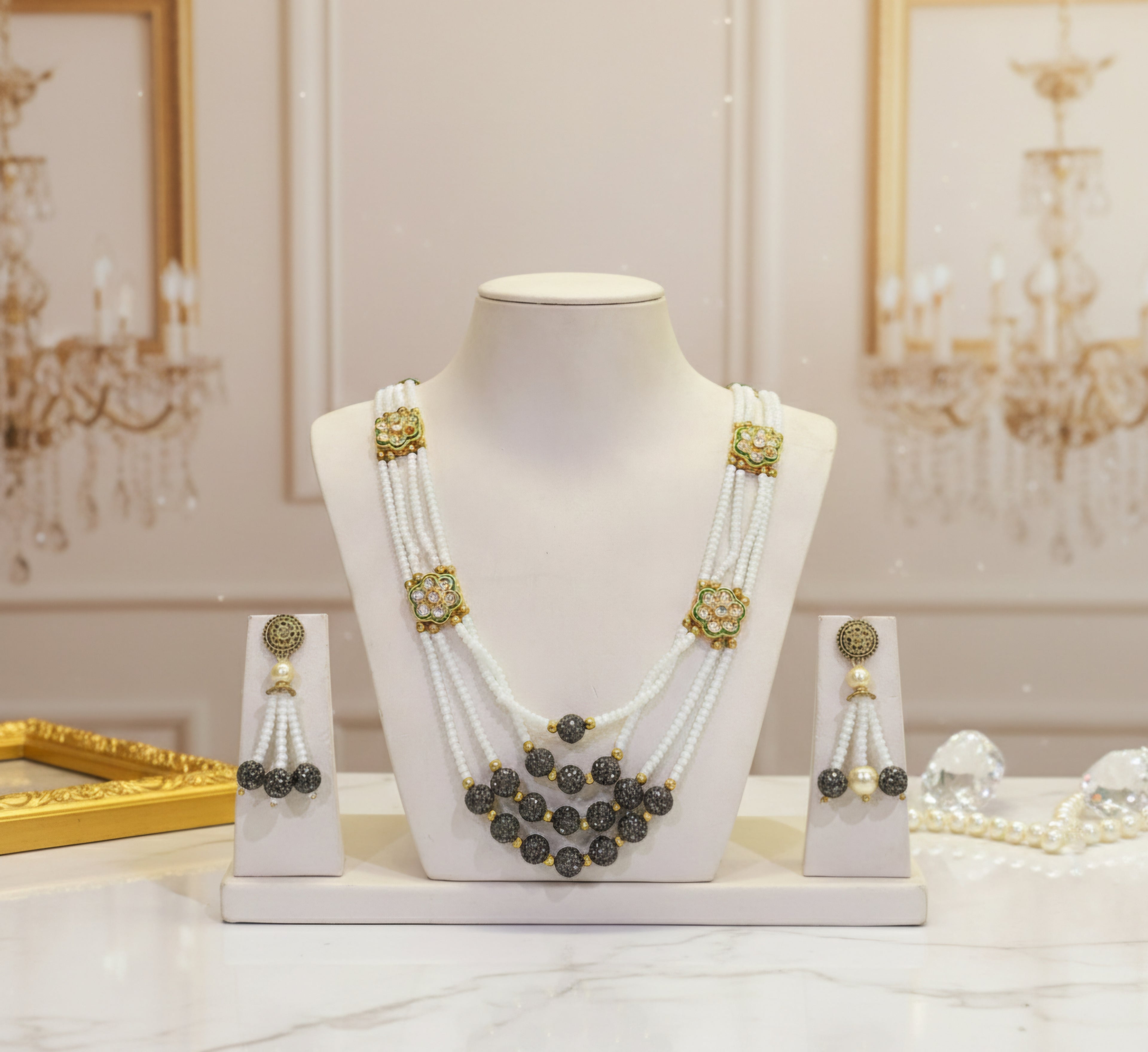 Sahraé Regal Bead Mala with Kundan Work With Matching Earrings