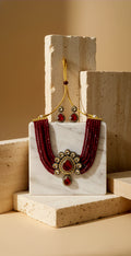 Liora Magestic Kundan and Pearl Necklace With Red Ruby Studs