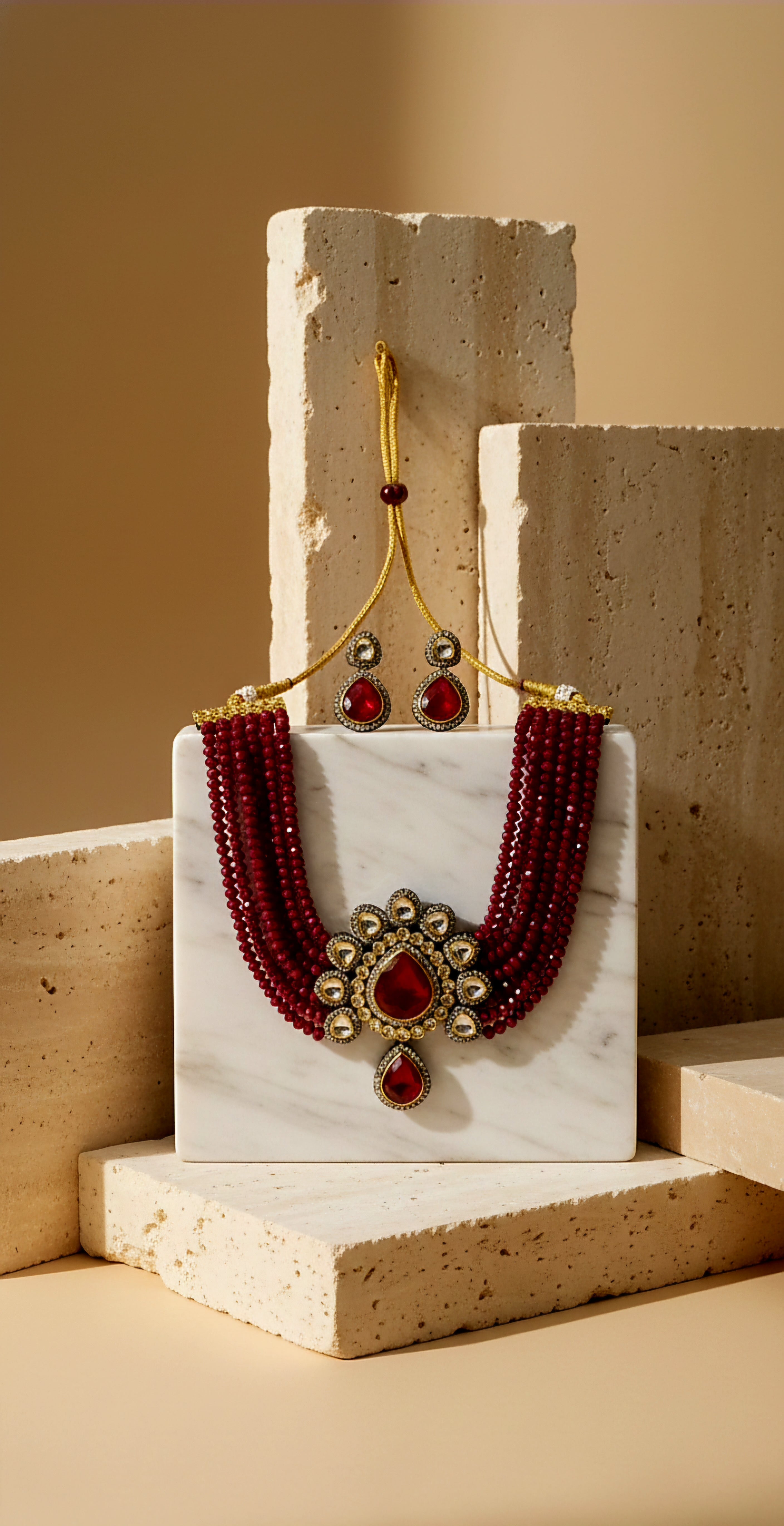 Liora Magestic Kundan and Pearl Necklace With Red Ruby Studs