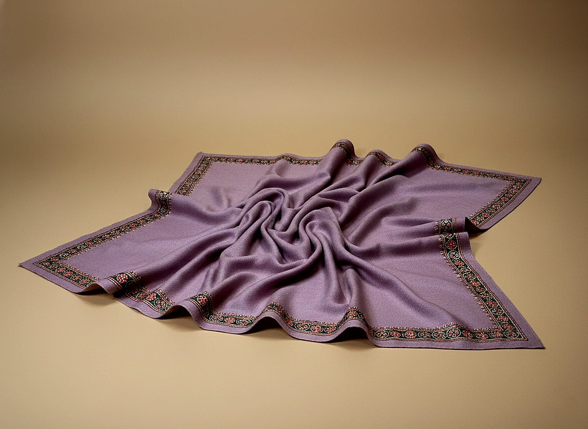 Afsana Lilac Pashmina With Intricate Hand Embroidered Sozni Work Handspun and Handwoven