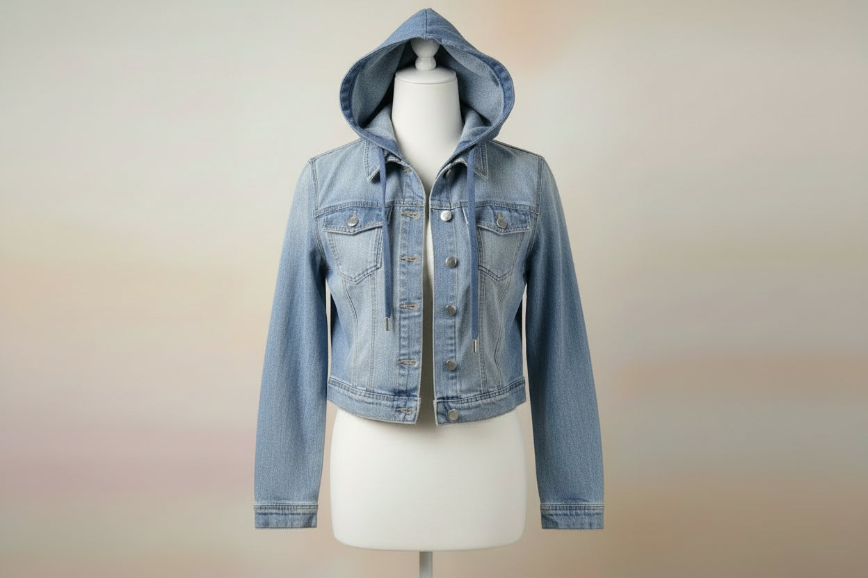 Cropped Denim Jacket With Hooded Cap
