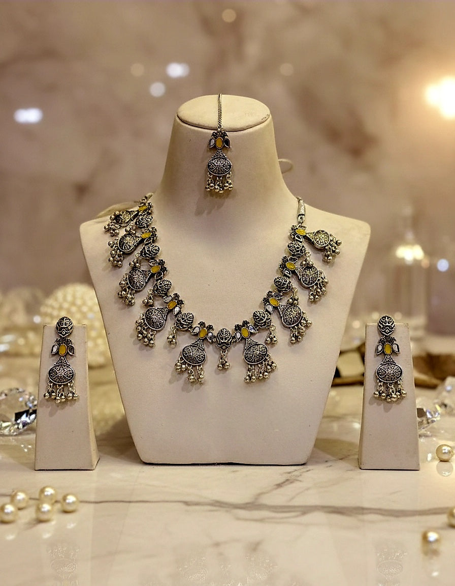 Ihra Oxidised Necklace Set With Earrings And Mangtika