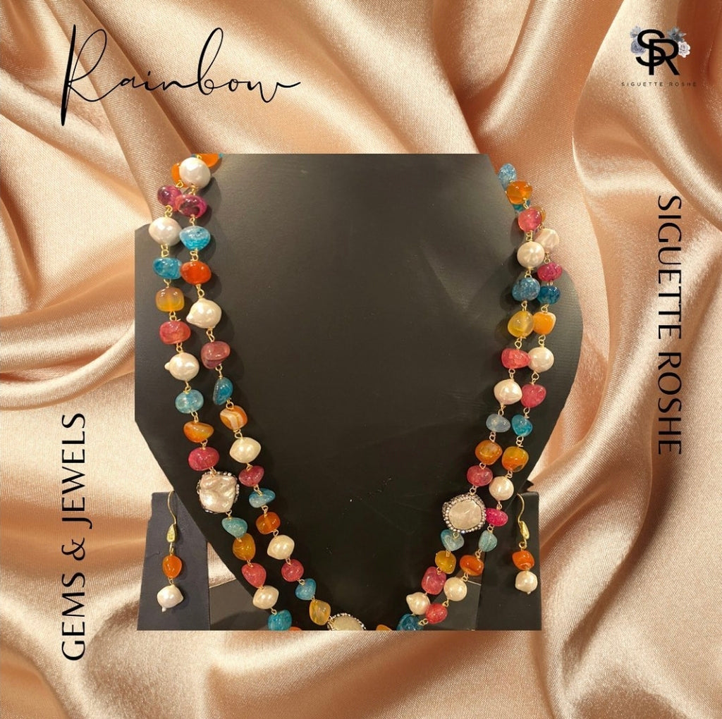 Rainbow Beads and Mother Of Pearl Encrusted Mala With Matching Drop Down Earrings