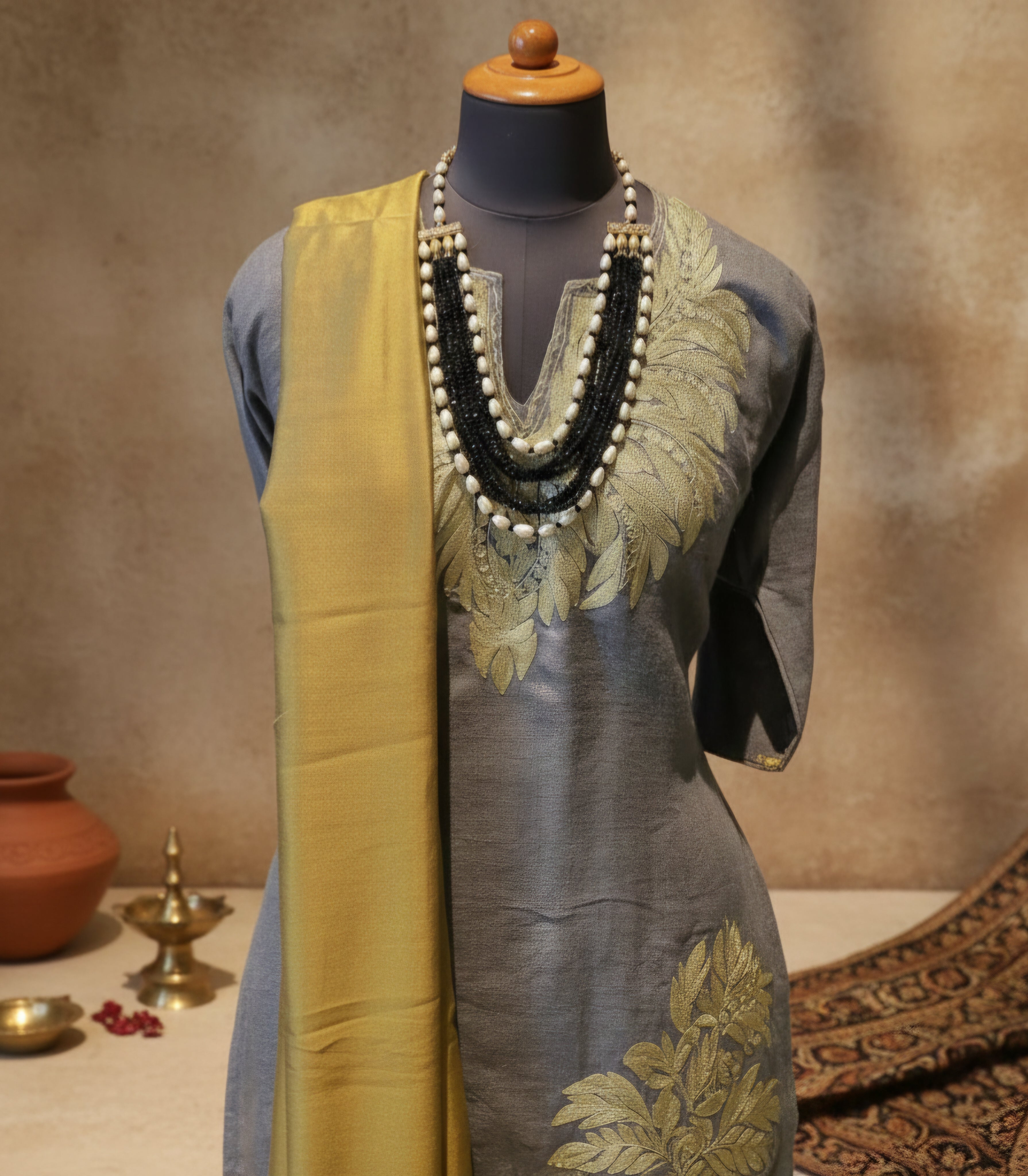 Gray Lambswool Pheran With Gold Tilla Work