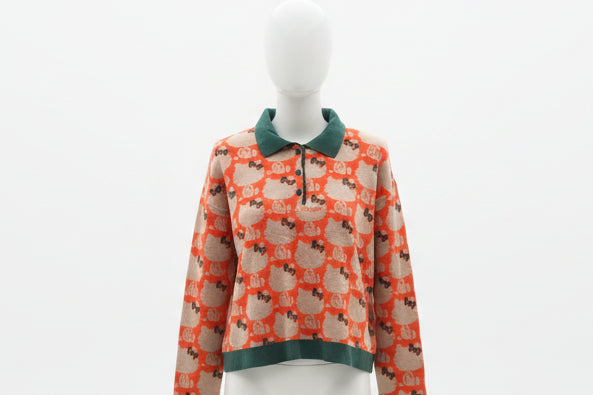 Hello Kitty Kawaii Orange Sweater With Green Collar