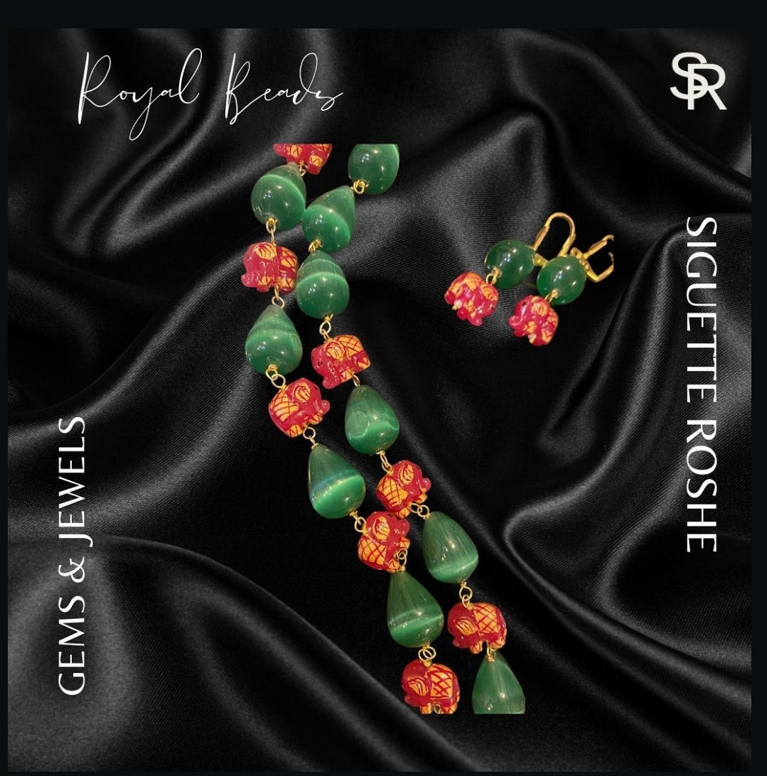 Gajanan Jaipuri Hand Work Enamel Painted Wood Elephant and Bead Mala With Matching Earrings