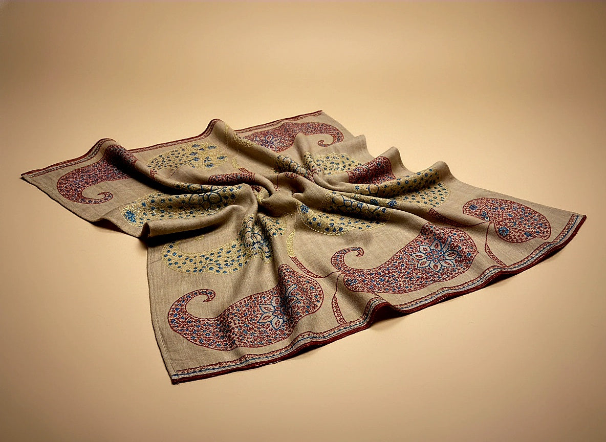 Badshahi Khaki Pashmina With Intricate Hand Embroidered Sozni Work Handspun and Handwoven
