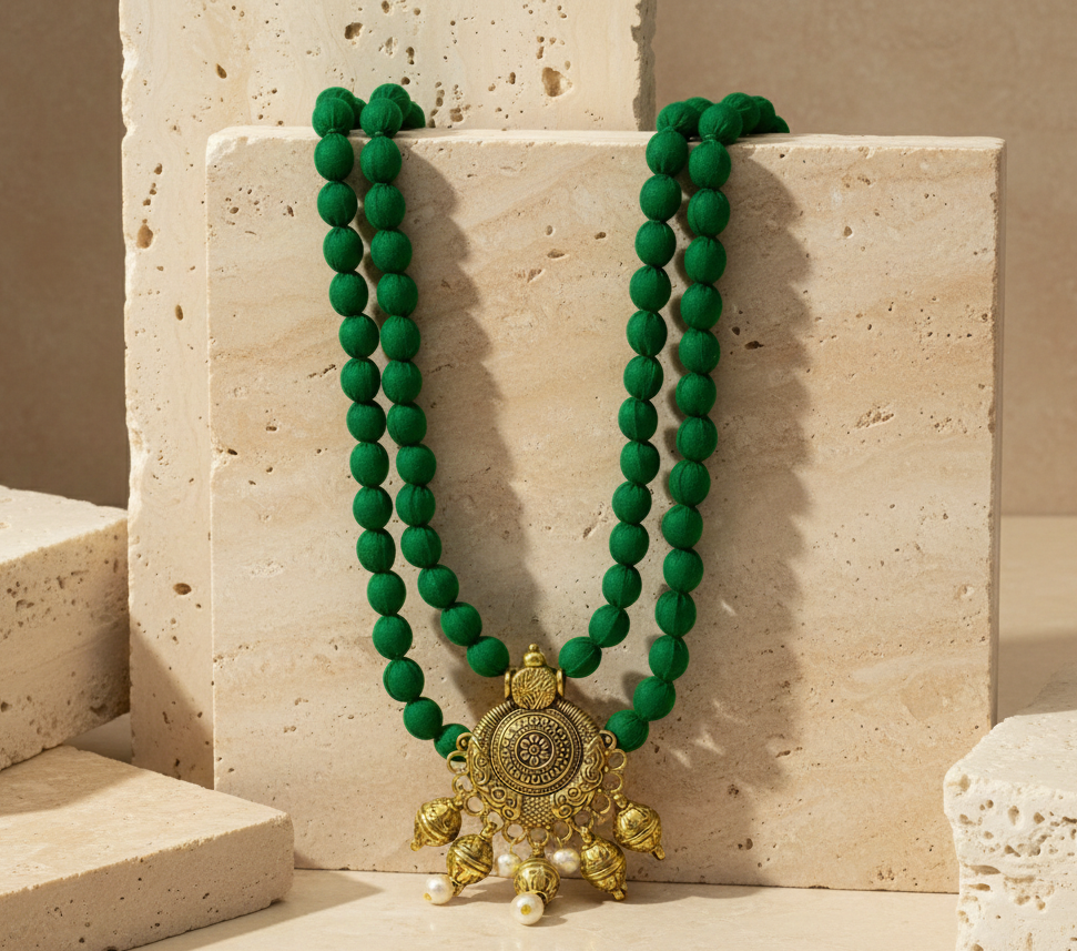 Veda Statement Green Beads Neckpiece with Inscribed Mantra Earrings