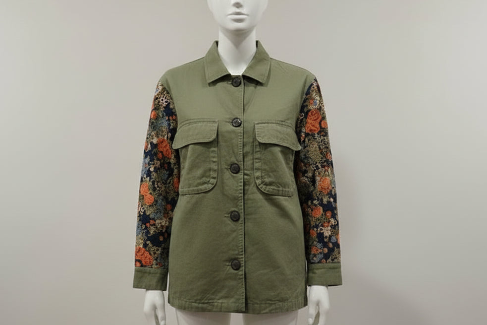 Duo Tone Denim Shacket With Floral Print Sleeves