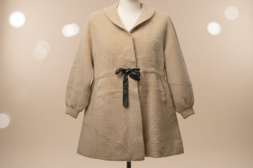 Ivory Plush Fur Jacket With Leather Bow