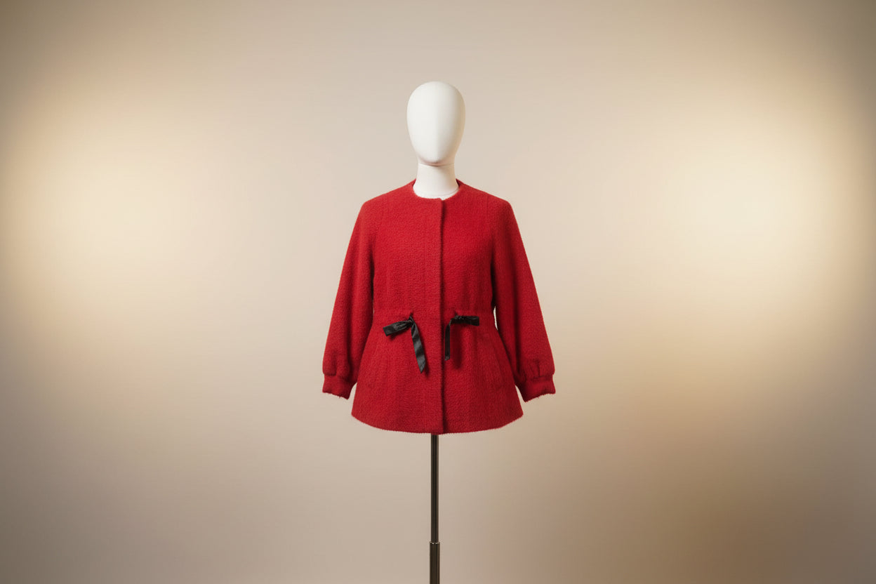 Red Fur Blazer With Black Leather Bows