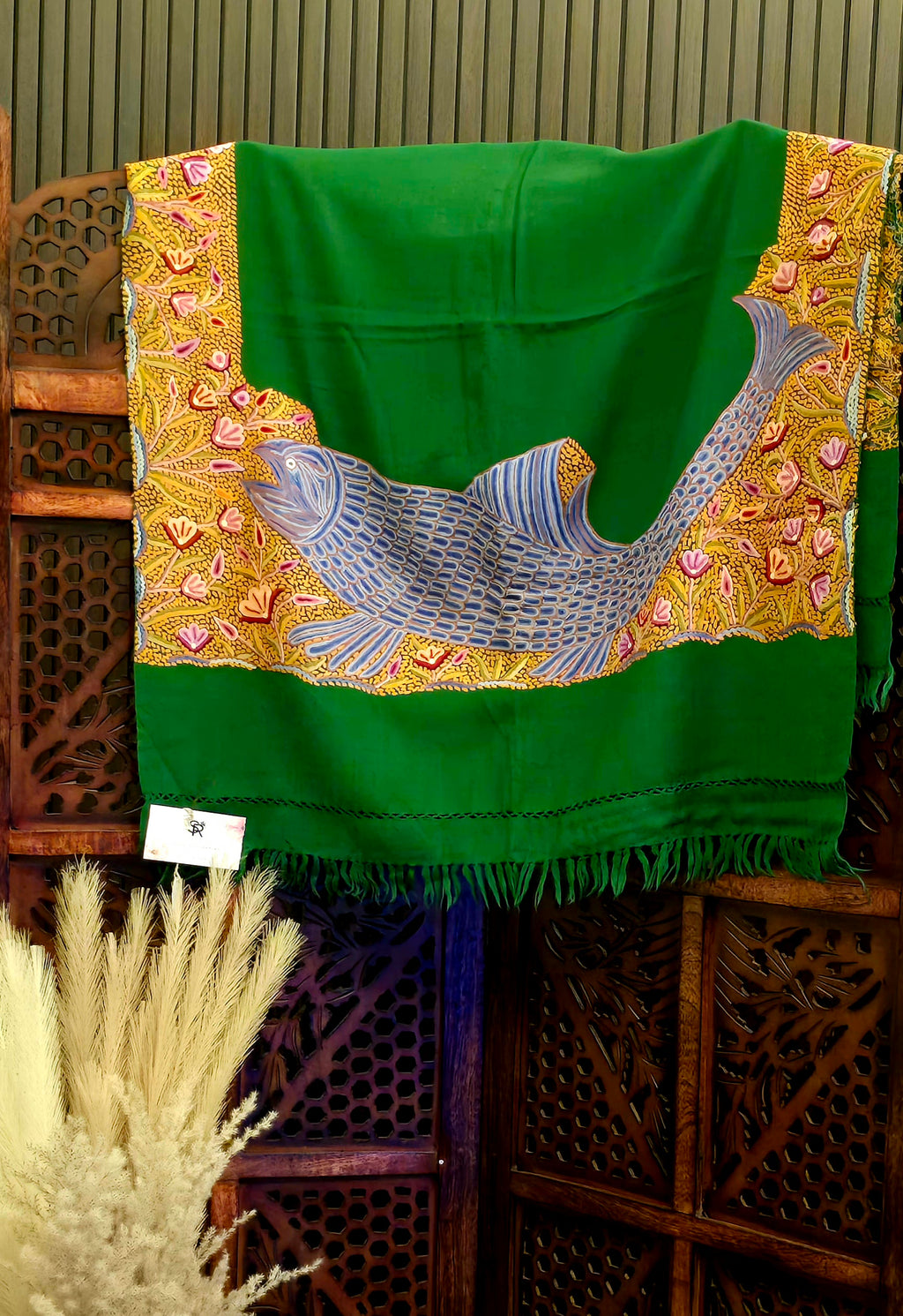 Marine Green Cashmere Wool Shawl With Aari Embroidery