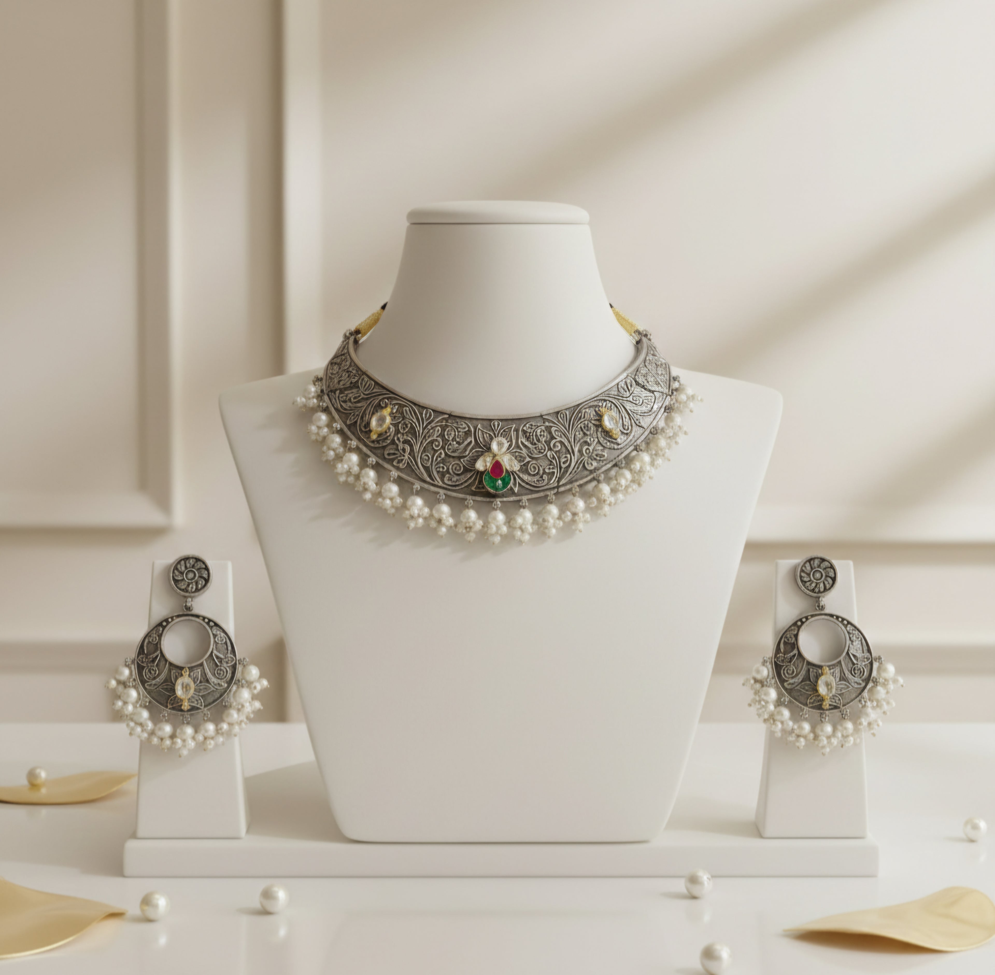Mehernaz Oxidised Choker with Pearls and Matching Earrings