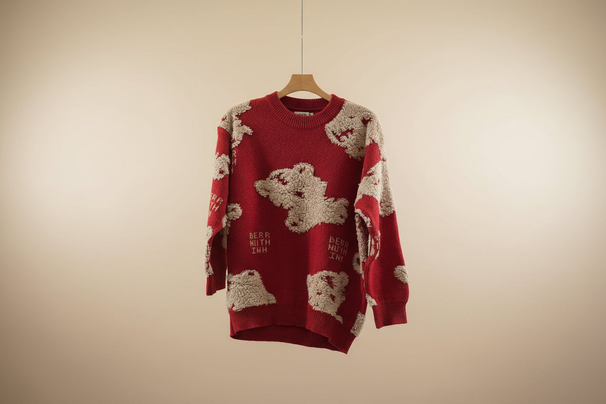 Red Knit Sweater with White Bear Motif
