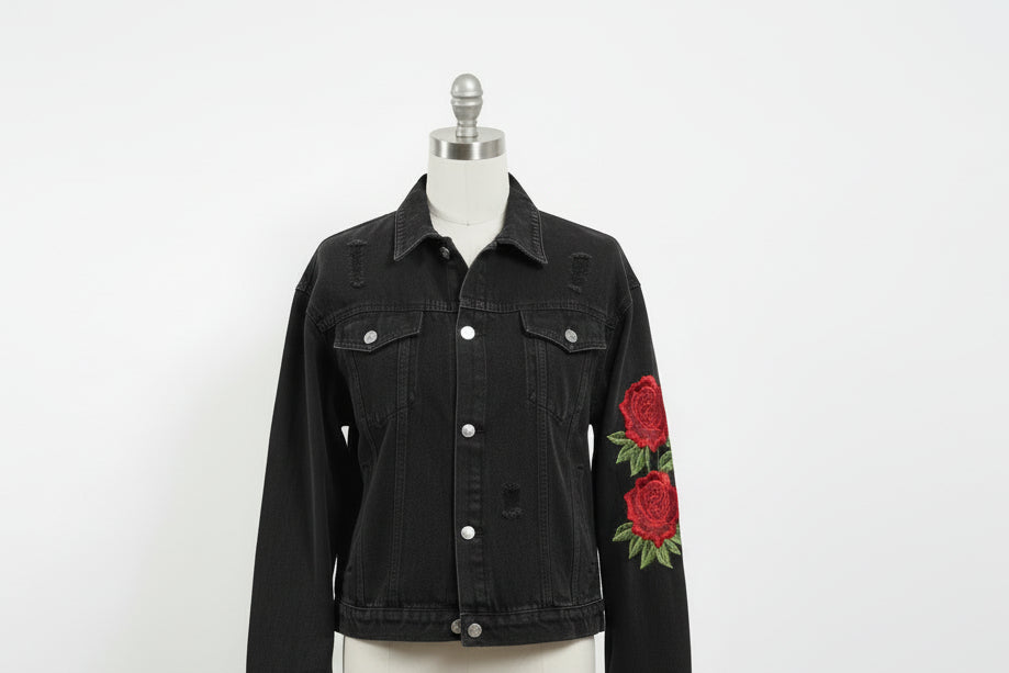 Halsey Denim Black Jacket With Embroidered Roses