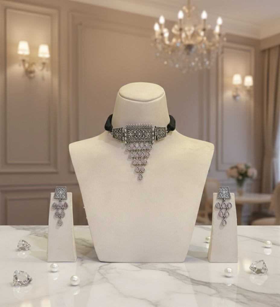 Raeva Oxidised Necklace With Matching Earrings