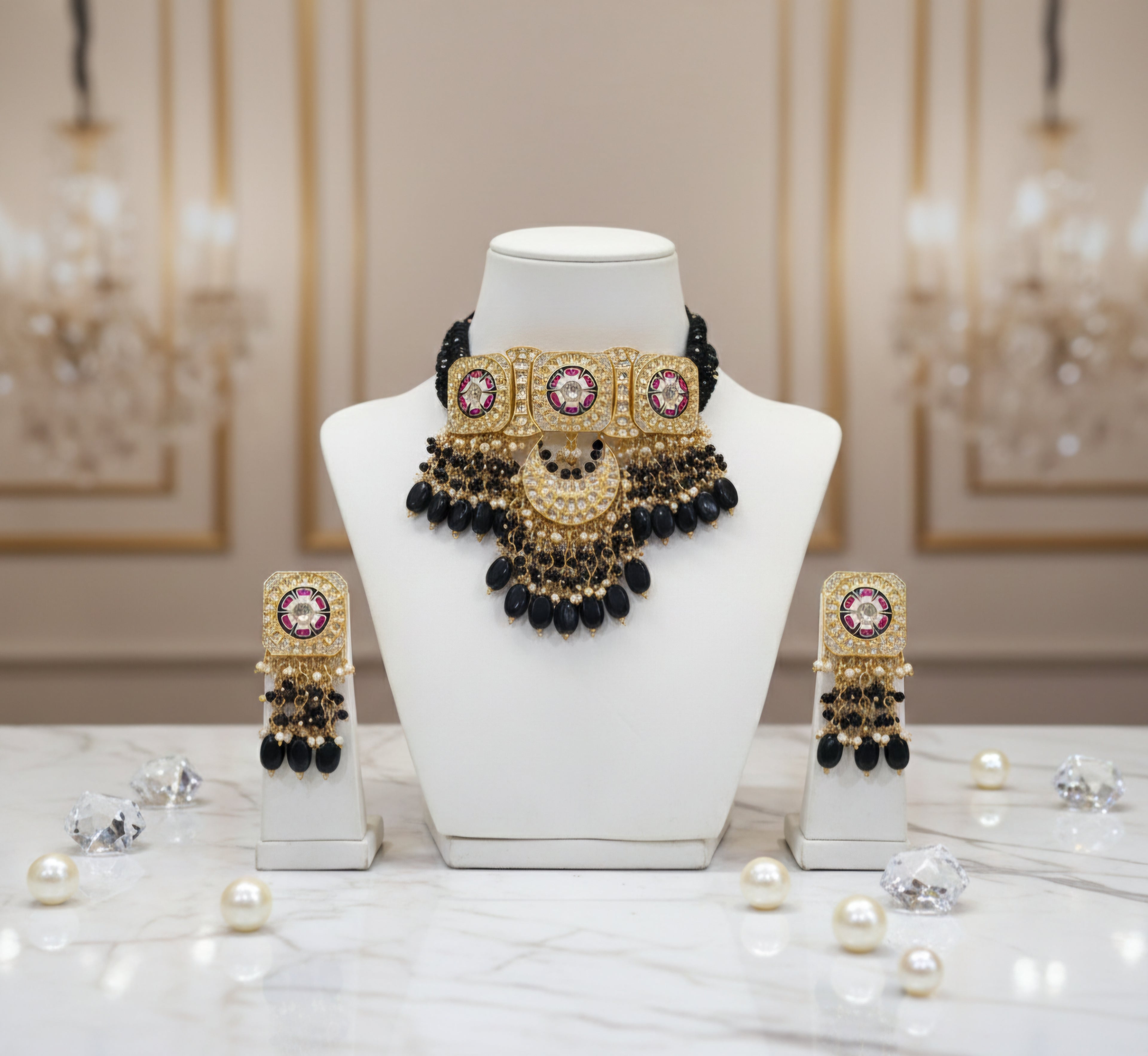 Rivya Kundan Necklace With Chandbalis and Intricate Enamel Work