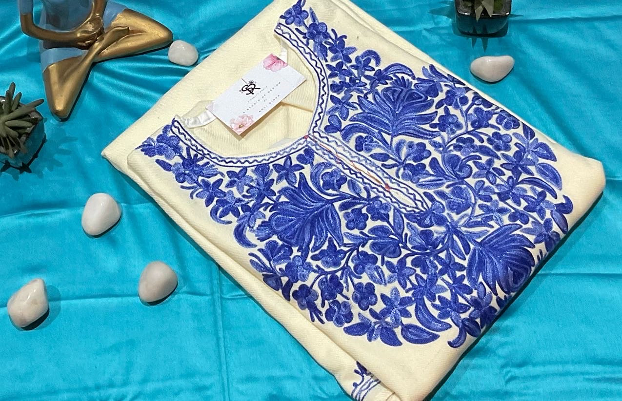White & Blue Aari Embroidered Kashmiri Pheran