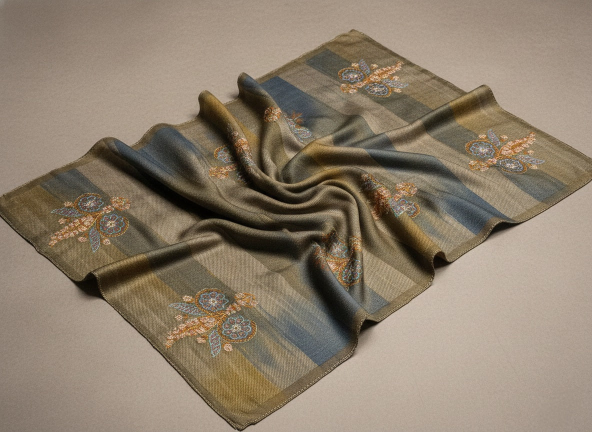 Azeemat Duo Tone Pashmina With Intricate Hand Embroidered Sozni Work Handspun and Handwoven
