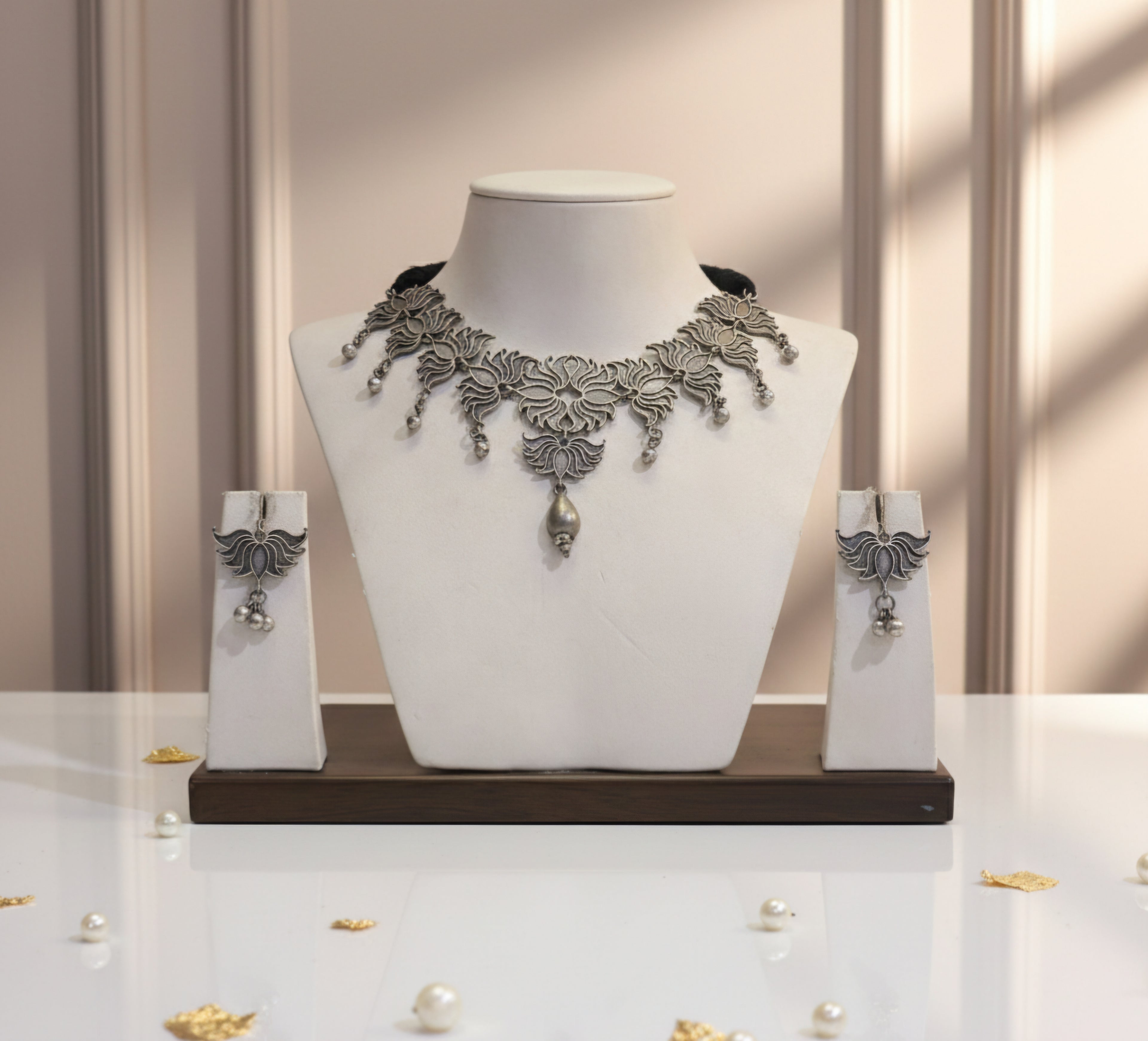 Aarielle Lotus Oxidised Necklace With Matching Earrings