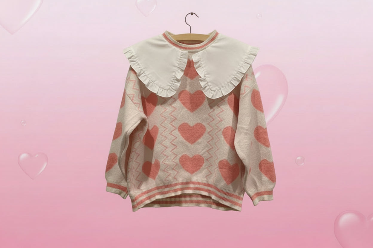 Y2K Kawaii Pink Hearts Sweater With Cotton Collars