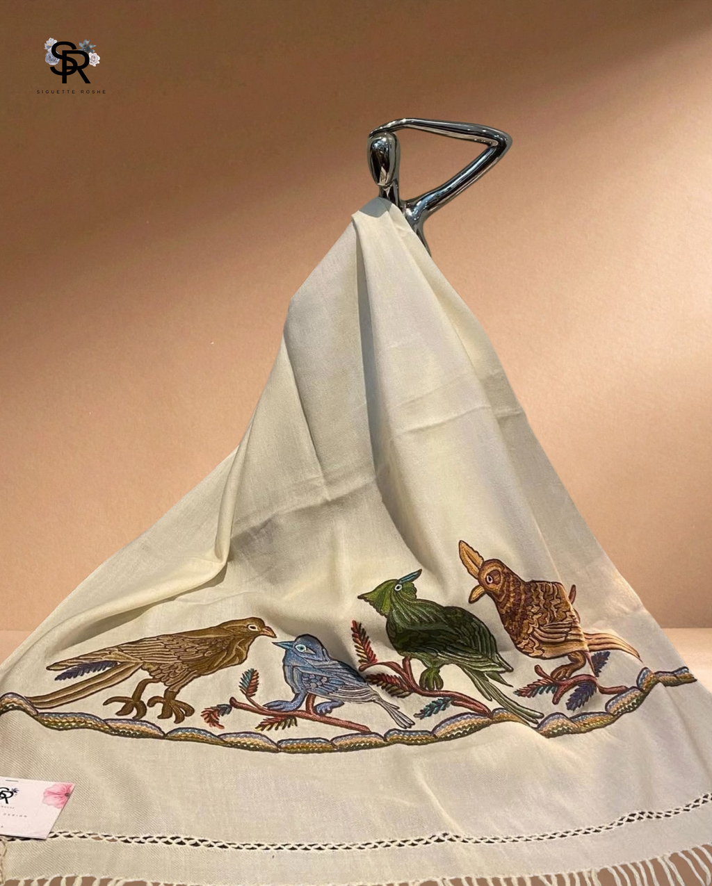 White Birds Cashmere Wool Shawl With Aari Embroidery