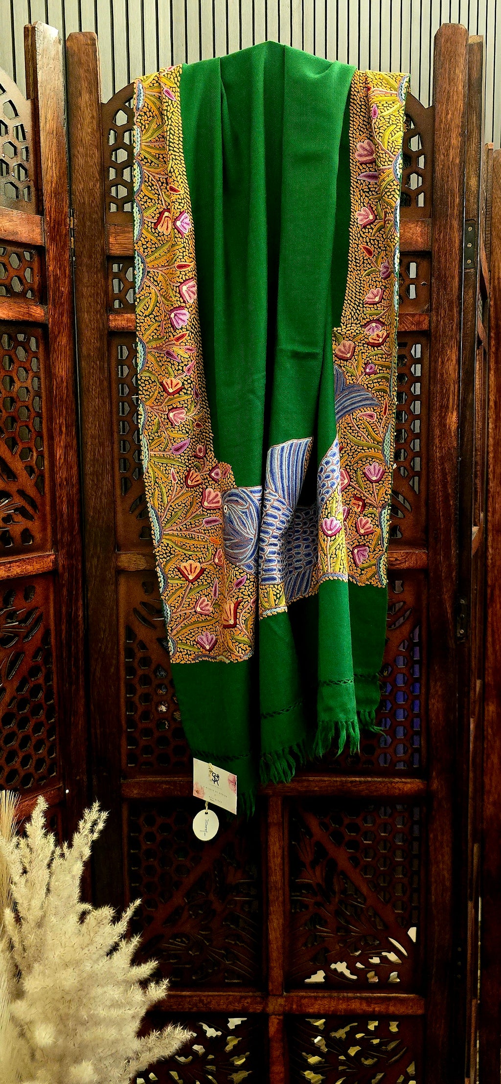 Marine Green Cashmere Wool Shawl With Aari Embroidery