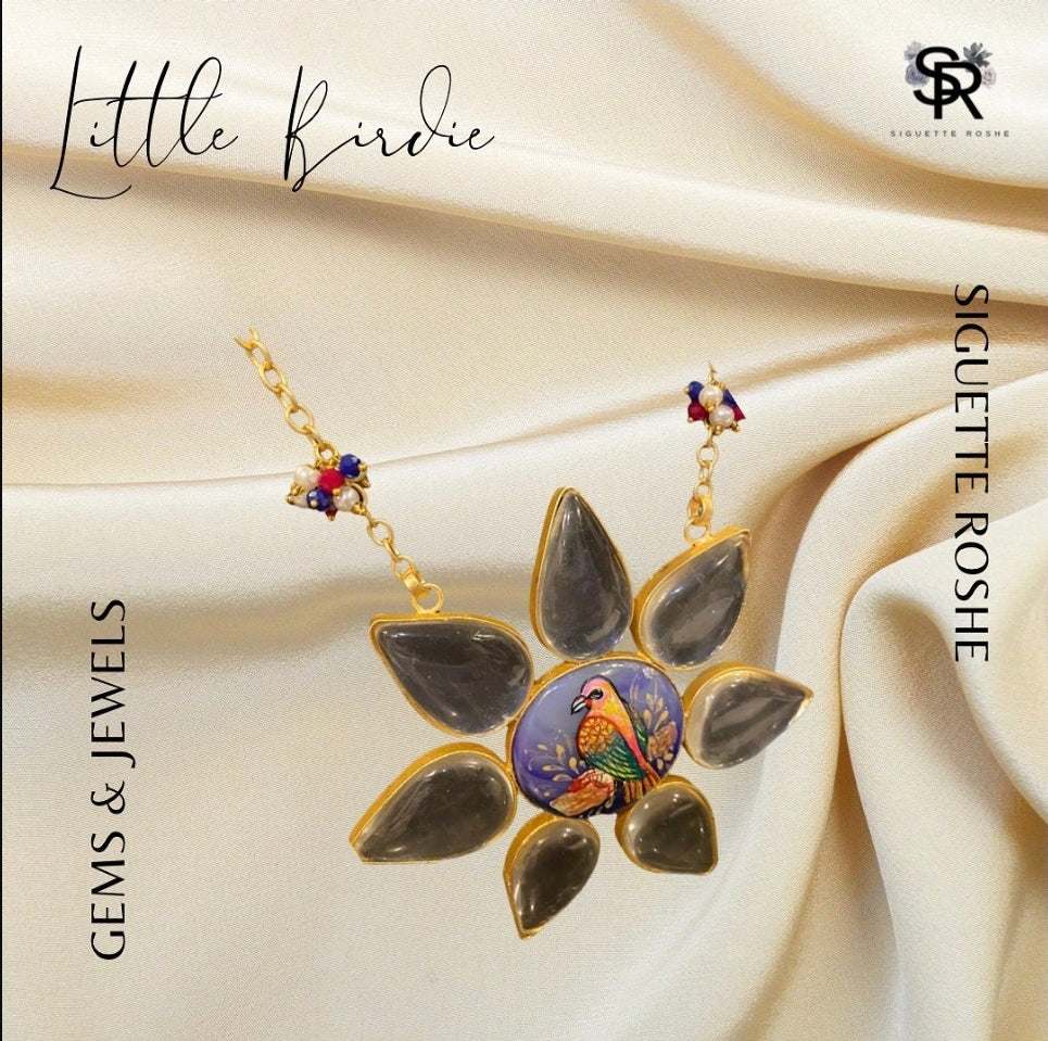 Little Birdie Hand Painted Bird Motif Statement Necklace With Pearls