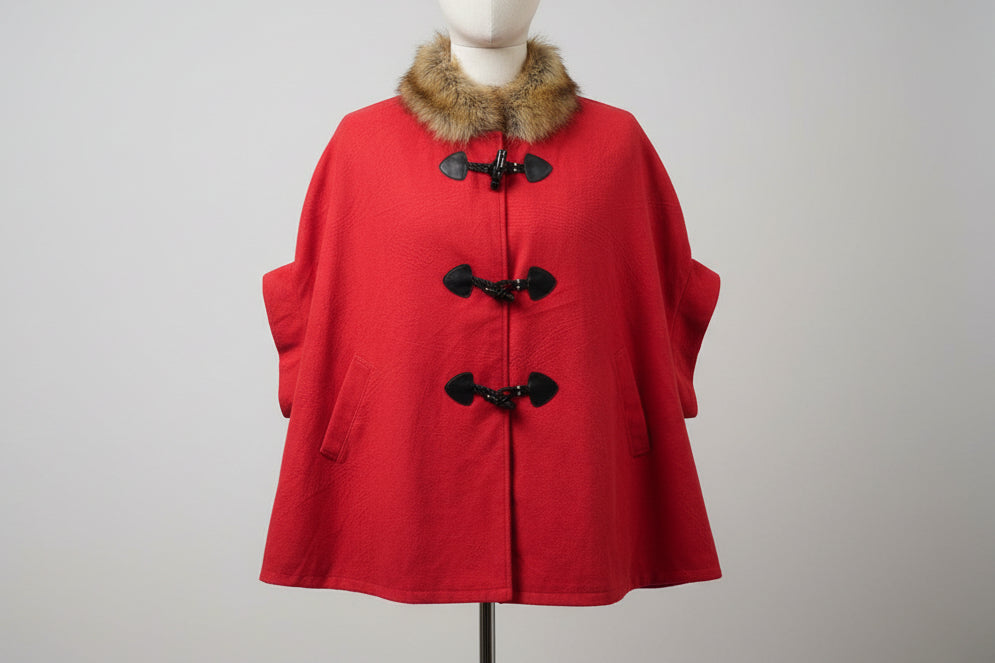 Red Riding Hood Jacket With Leather Straps, Fur Hood Cap and Bow
