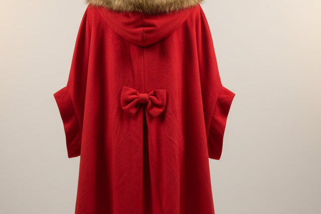Red Riding Hood Jacket With Leather Straps, Fur Hood Cap and Bow