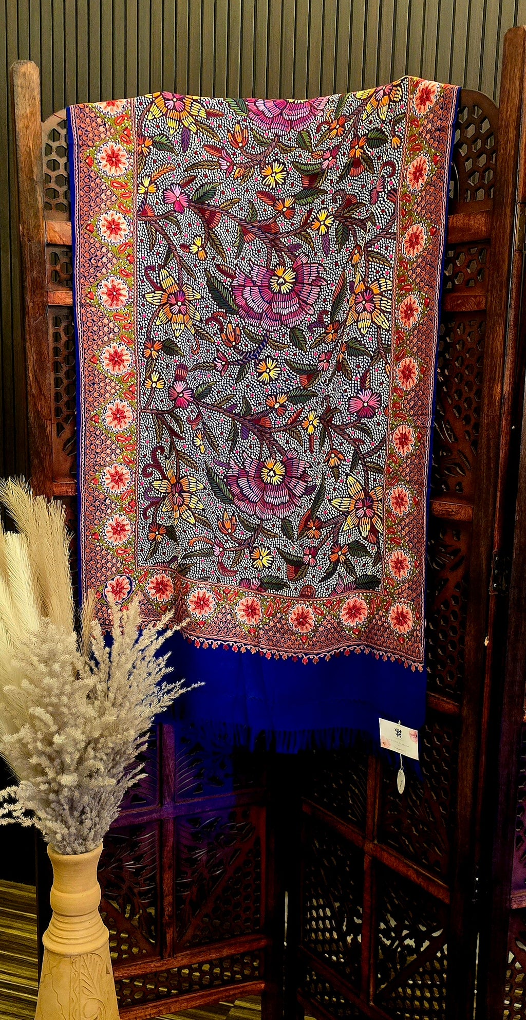 Ambar Floral Cashmere Wool Shawl With Aari Embroidery