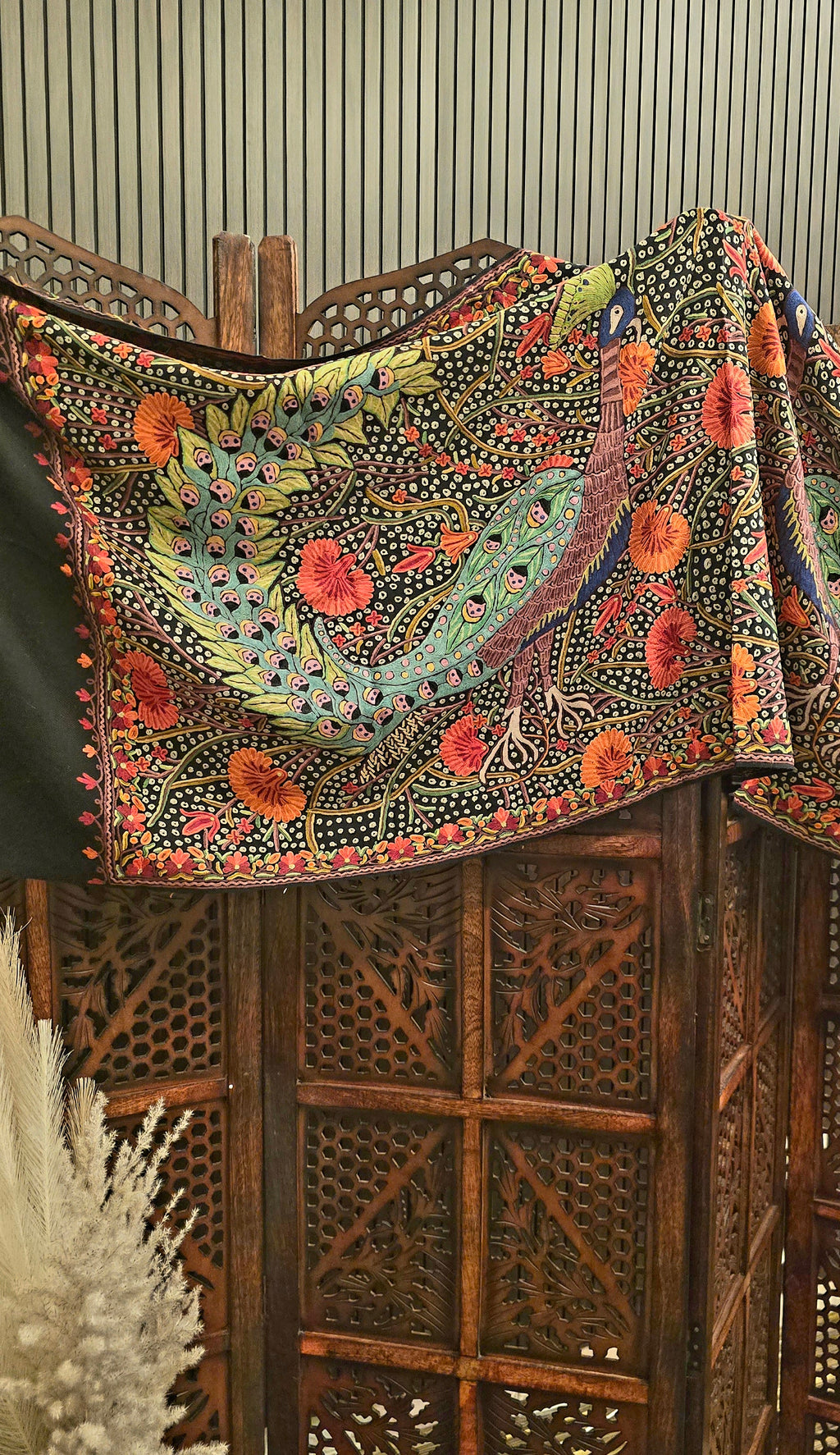 Peacock Cashmere Wool Shawl With Aari Embroidery