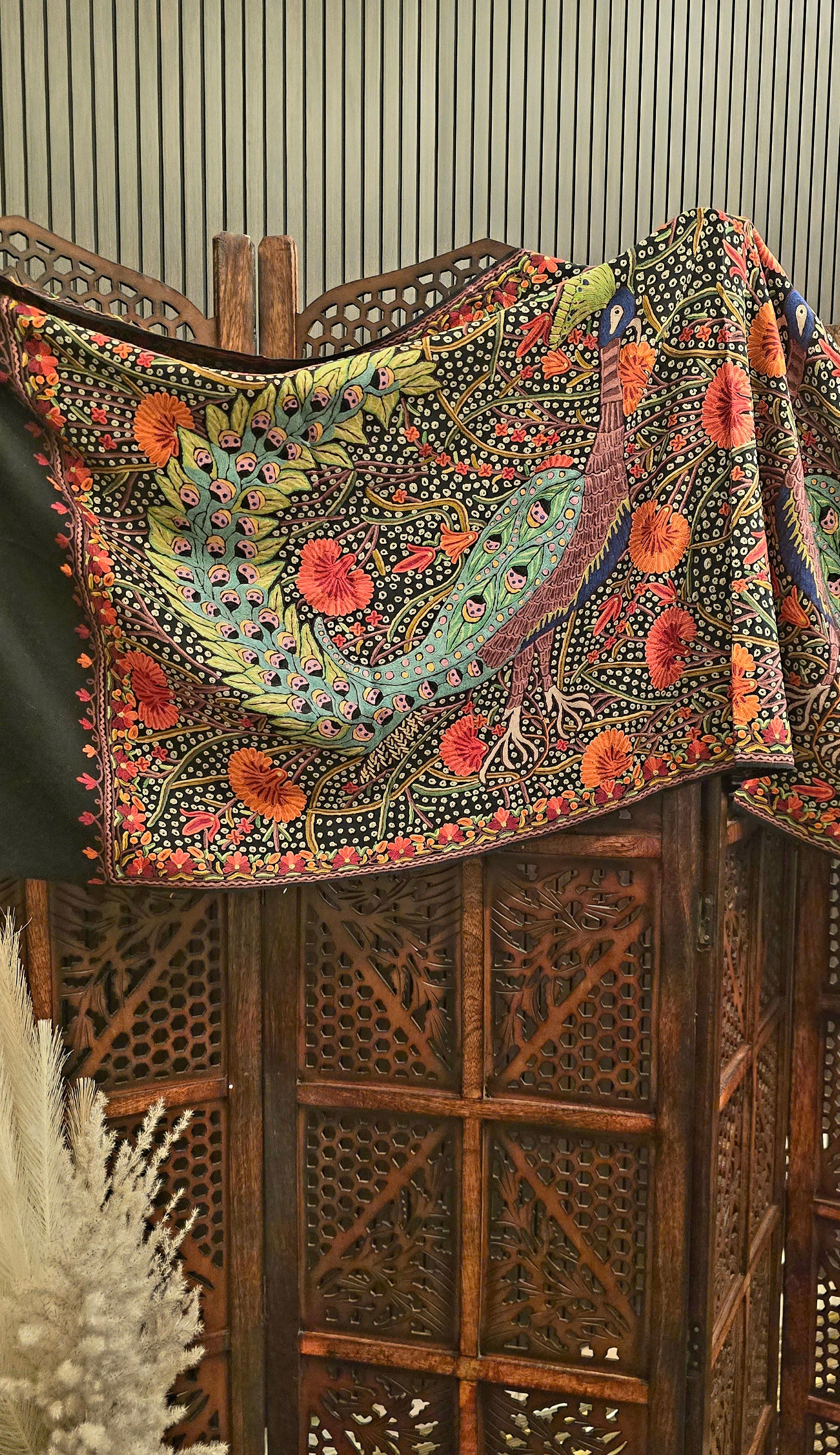 Peacock Cashmere Wool Shawl With Aari Embroidery