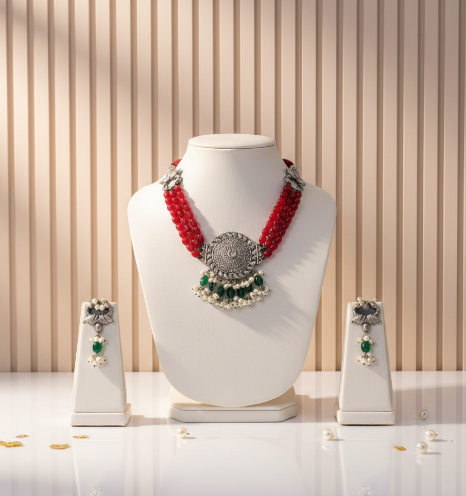 Kamli Red Beads Oxidised Necklace With Matching Drop Earrings