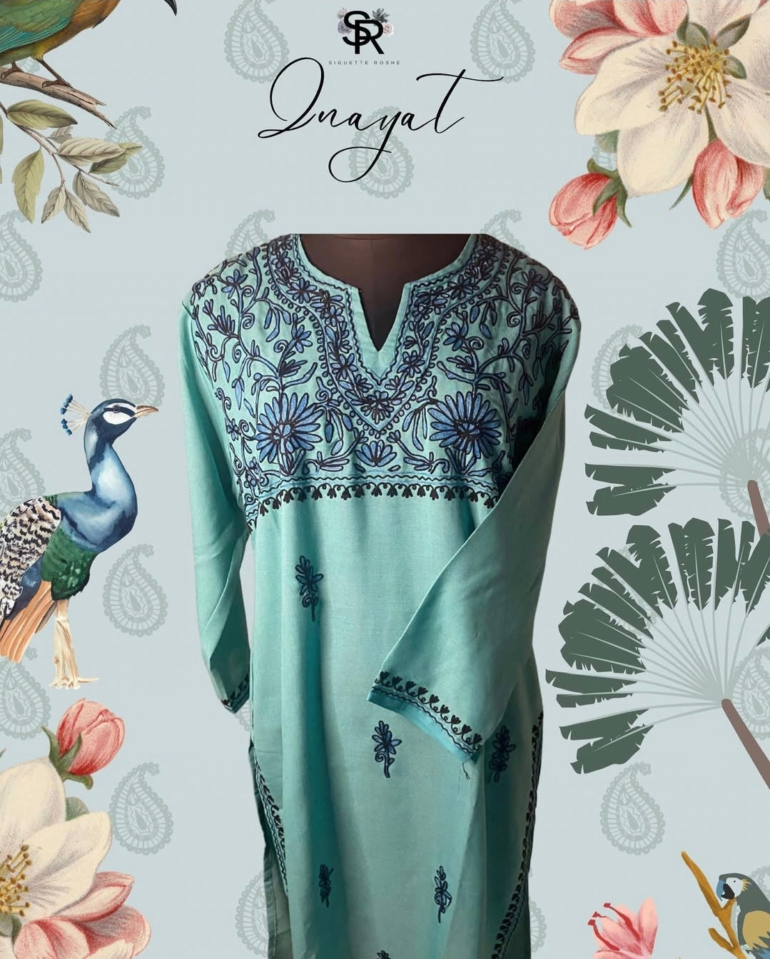 Peacock Blue Aari-Embroidered Cotton Kurti